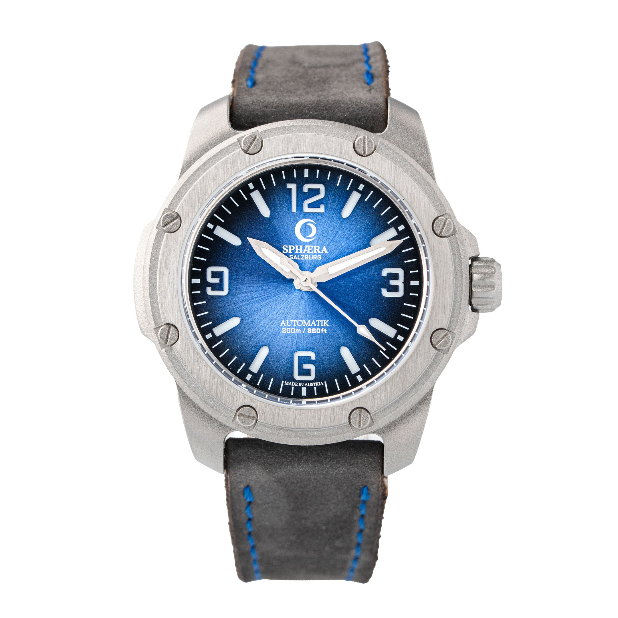 SPHAERA Blue Moon Epoch rare edition watch with sunburst blue gradient dial, LJP G100 movement, launching only at full moon, featuring BWG9 lume filled signature sword hands and bead blasted stainless steel case.